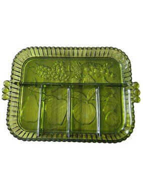 Vintage Indiana Glass Avocado Green Divided Relish Tray Fruit Embossed Dish